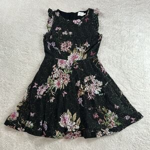 Floral Lace Fit & Flare Mini Dress - Black with Pink Floral